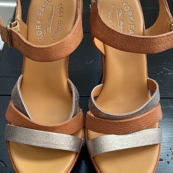 EUC Kork-Ease neutral tan and silver metallic strap high wedge sandals - Picture 9 of 12